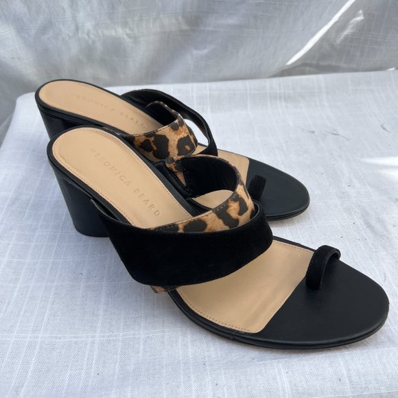 Veronica Beard Leopard print Slip On Toe Ring Slide Suede Sandal Tan & Black 9M - Picture 4 of 8